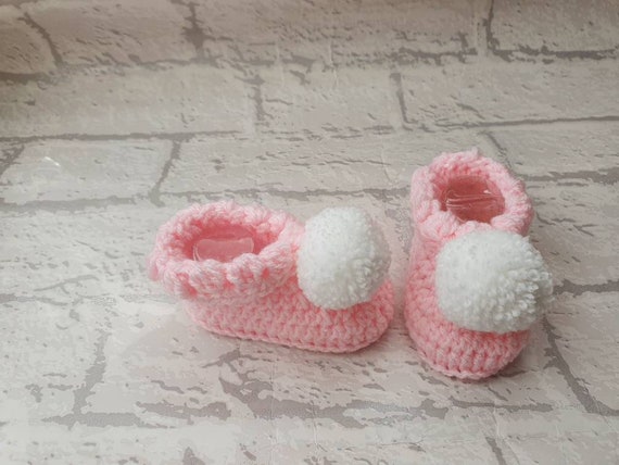 Pompom Booties Crochet Baby Booties Pink Pompom - Etsy