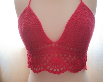 Crochet red halterneck bralette, Cotton summer top, Size 10-12