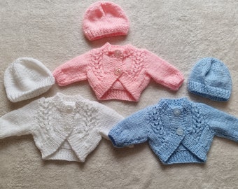hand knit baby cardigan, pink baby sweater, blue baby hat, white cardigan, small newborn, reborn doll, preemie baby clothing