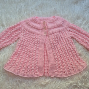 Handknit pink cardigan, pink baby sweater, baby girl cardie, 0-3 month clothing, gift for baby