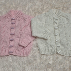 Handknit baby sweater, pink knitted baby cardigan, white baby boy cardie, baby boy, newborn clothing