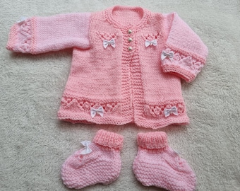 Hand knit sweater, knitted baby cardigan, pink baby sweater, pink baby booties, 0-3 month clothing