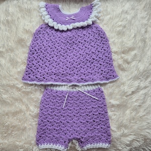 Crochet baby girl&#39;s dress, crochet baby dress, purple party dress, purple bloomers, 1-4 month
