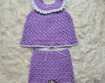 Crochet baby girl's dress, crochet baby dress, purple party dress, purple bloomers, 1-4 month