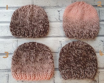 Hand Knit Baby Hat: Pink & Brown Merino Blend Newborn Cap
