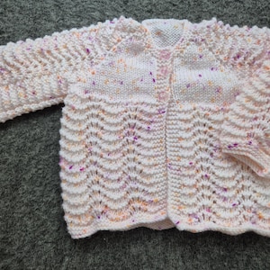 handknit matinee jacket, knitted baby sweater, speckled baby cardie, 0-3 month clothing