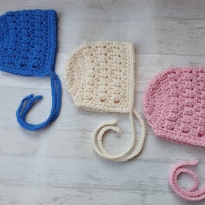 crochet baby bonnet, pink crochet bonnet, blue baby bonnet, cream bonnet, newborn, 0-3 month