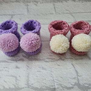 pink pom pom booties, crochet baby booties, purple baby shoes, newborn