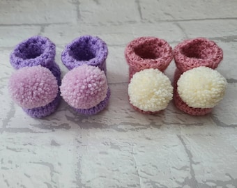 pink pom pom booties, crochet baby booties, purple baby shoes, newborn