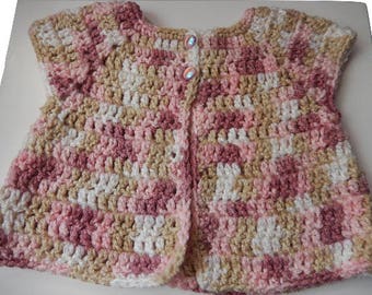 crocheted baby cardigan, crochet girls sweater, pink, white, beige,  0-3 month cardigan