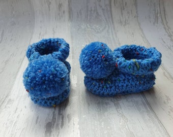 Blue tweed pompom booties, crochet baby booties, blue baby shoes, newborn