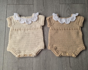 Crochet baby romper, cream infant romper, crochet outfit, beige baby romper, 0-3 month clothing