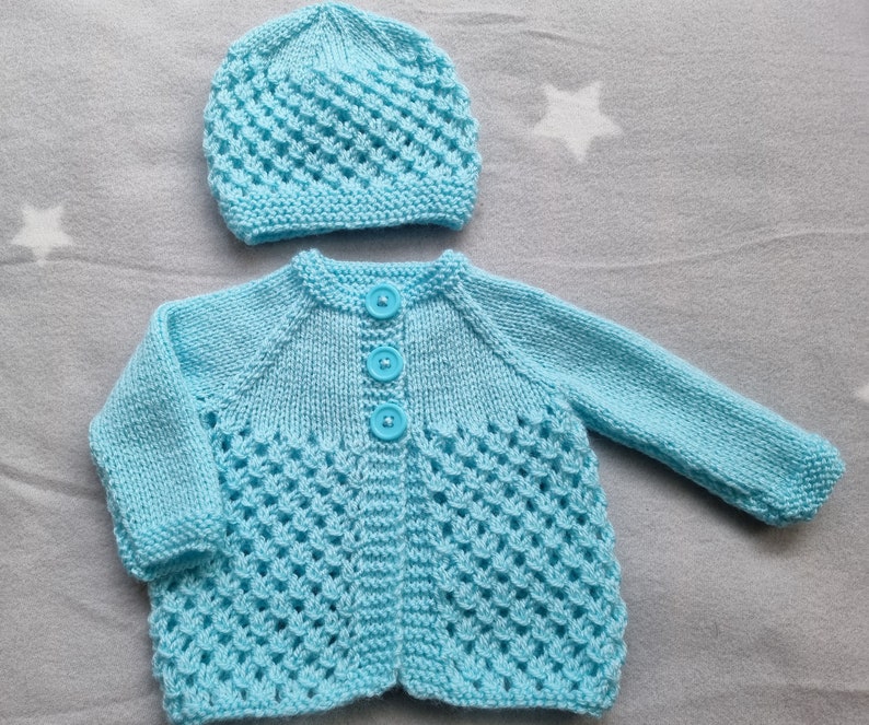 hand knit baby sweater, turquoise baby hat, turquoise knitted cardigan, newborn clothing image 6