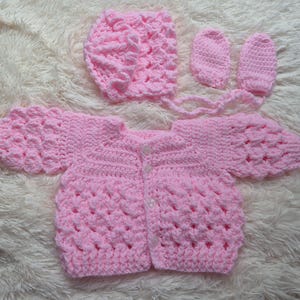Crochet Baby Cardigan Set: Pink Sweater, Frilly Bonnet & Mittens