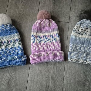 hand knit teenage hat, knitted  boys beanie, handknit girls hat, pompom hat, reversible hat