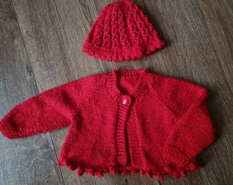 hand knit red bolero, baby girl cardigan, handknit baby hat, sparkling red bolero set, 0-3 month