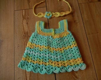 baby girls dress, crochet dress with headband,  newborn set