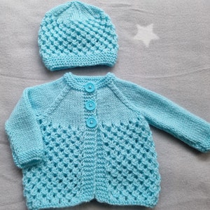 hand knit baby sweater, turquoise baby hat, turquoise knitted cardigan, newborn clothing image 7