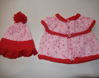 hand knit cardigan, knitted girls sweater, hand knit baby hat, hat with pompom/ newborn