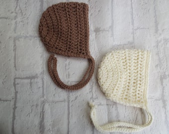 crochet baby bonnet, cream crochet bonnet, brown baby bonnet, newborn, 0-3 month, 3-6 month