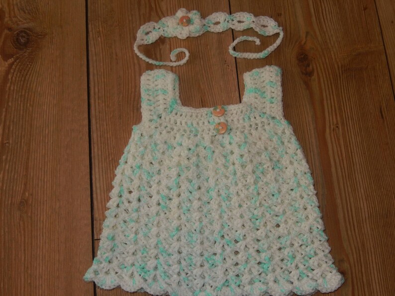 crocheted baby dress dress with matching headband white /& green dress newborn