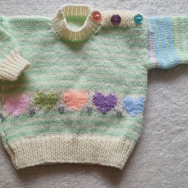 hand knit baby sweater, knitted baby jumper, striped sweater with hearts, 3-6 month clothing