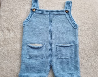 Handknit baby romper, blue infant romper, knitted baby outfit, 6-9 month clothing