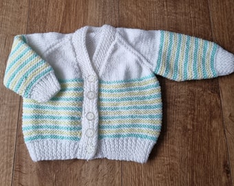 hand knit baby cardigan, knitted striped sweater, green & white cardigan, 0-3 month sweater