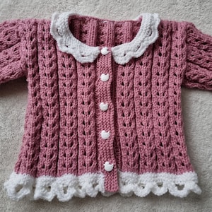 Knitted baby cardigan, handknit girls sweater, pink & white cardigan, short sleeve cardie, 3-6 month clothing