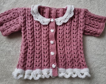 Knitted baby cardigan, handknit girls sweater, pink & white cardigan, short sleeve cardie, 3-6 month clothing