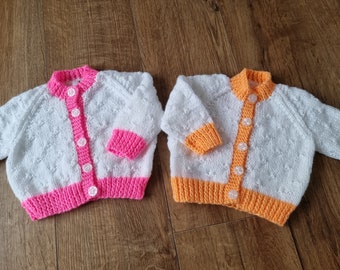 Knitted baby cardigan, handknit white mix sweater,  3-6 month clothing