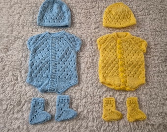 Handknit baby romper, blue romper, yellow romper, baby knitted hat, knitted booties, small newborn clothing, reborn baby, preemie clothing
