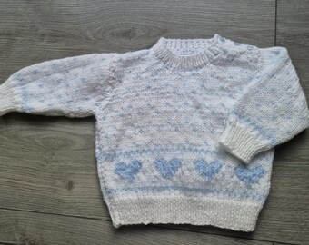 Baby heart sweater, handknit baby jumper, blue & white sweater, 6-12 month clothing, gift for baby