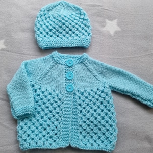 hand knit baby sweater, turquoise baby hat, turquoise knitted cardigan, newborn clothing image 1