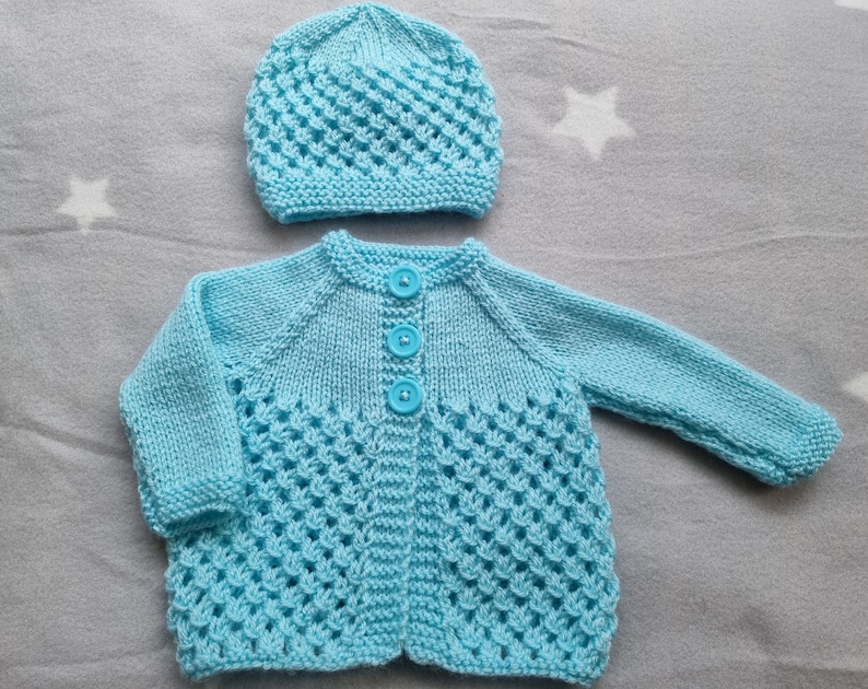 hand knit baby sweater, turquoise baby hat, turquoise knitted cardigan, newborn clothing image 1