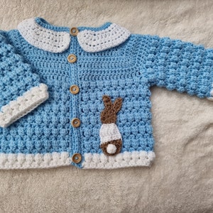 baby boy sweater, crochet baby cardigan, blue & white cardigan newborn
