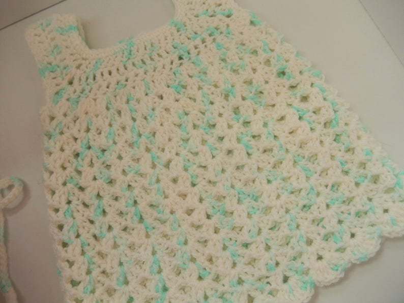 crocheted baby dress dress with matching headband white /& green dress newborn