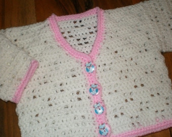 crochet baby cardigan, crochet girls sweater,  white with pink sweater, 3-6 month