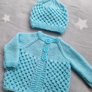 hand knit baby sweater, turquoise baby hat, turquoise knitted cardigan, newborn clothing image 2