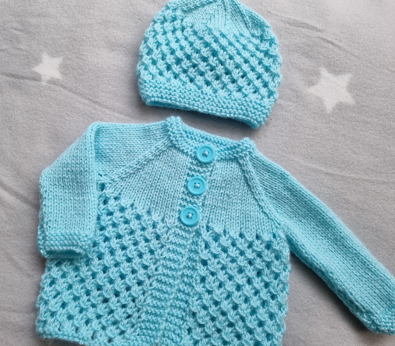 hand knit baby sweater, turquoise baby hat, turquoise knitted cardigan, newborn clothing image 2