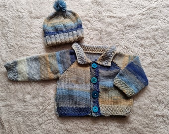 hand knit baby sweater, blue mix baby cardie, knitted baby cardigan, knitted baby hat, handknit baby cap, 0-3 month clothing