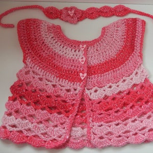 gehäkelte Baby Strickjacke, gehäkelte Mädchen Pullover, Baby Mädchen Stirnband, gehäkelte rosa Set, 6-9 monate Kleidung