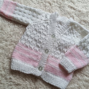Handknit baby sweater, knitted baby cardigan, pink & white cardigan, newborn clothing