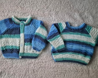 handknit blue mix cardigan, knitted sweater, handknit infant jumper, 12-18 month clothing