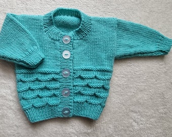 handknitted sweater, turquoise baby cardigan, knitted cardie, 0-3 month