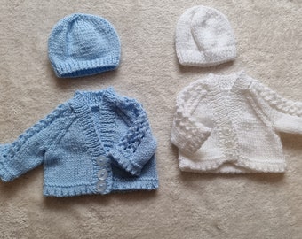 Knitted baby cardigan, handknit blue baby sweater, blue baby hat, white cardigan, small newborn, reborn doll, preemie baby clothing