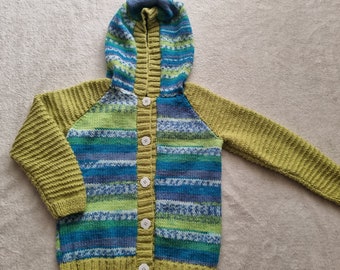 hand knit childs hoody, boys knitted cardigan, girls handknit sweater, 4-5 year clothing