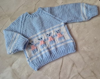 Baby bear sweater, handknit ted baby jumper, blue & white sweater, 3-6 month clothing, gift for baby