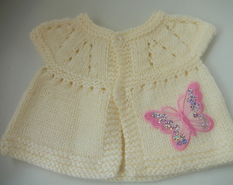 cream hand knit baby cardigan, cream sweater with pink sequin butterfly, small newborn, reborn doll