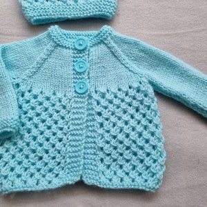 hand knit baby sweater, turquoise baby hat, turquoise knitted cardigan, newborn clothing image 8